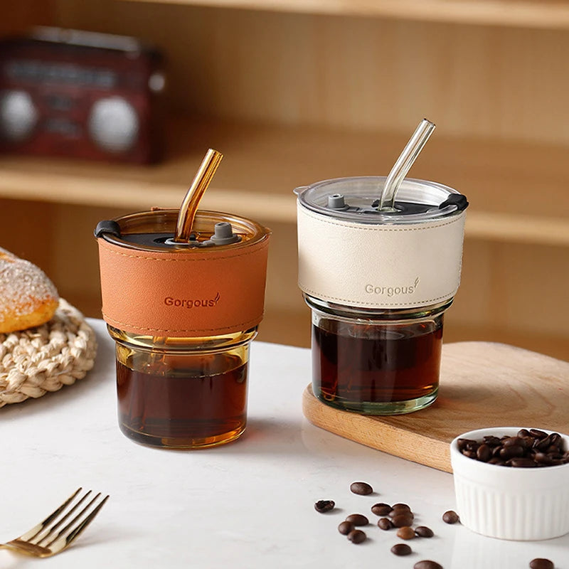 Glass water cup with lid and drinking straw
