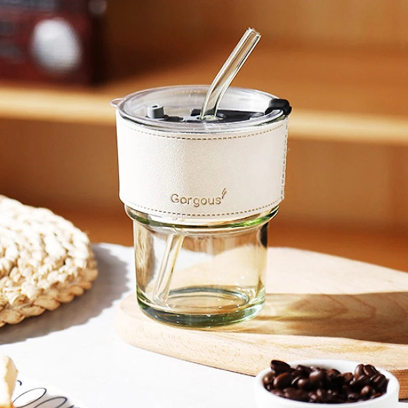 Reusable glass cup for cold drinks with straw