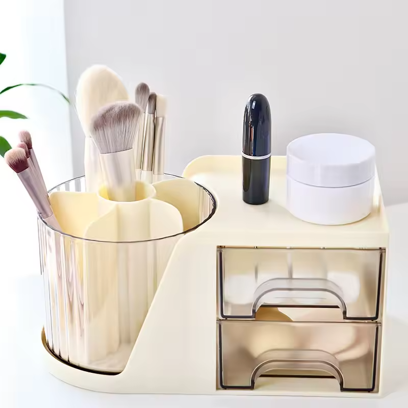 Rotating cosmetic brush holder for makeup storage